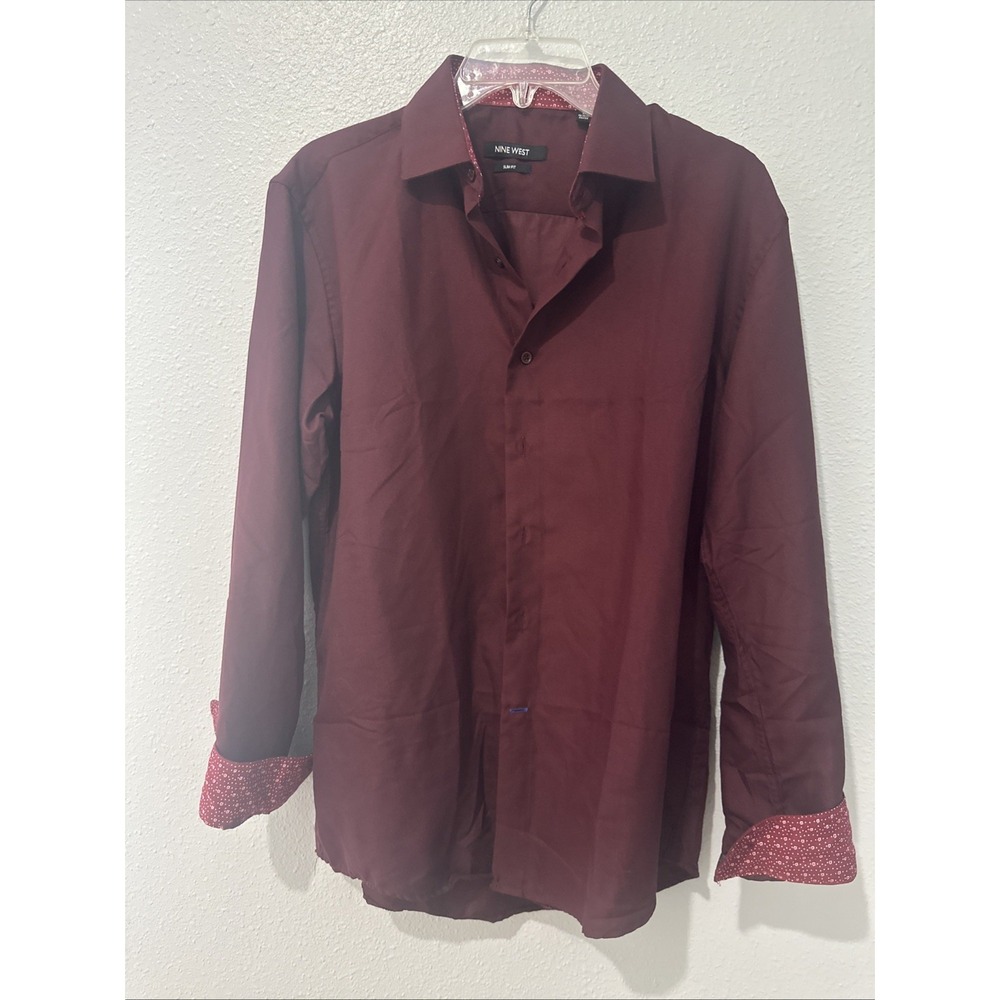 Nine West Mens Dress Shirt M 15.5 32/33 Burgundy Wine Slim Fit Long Sleeve